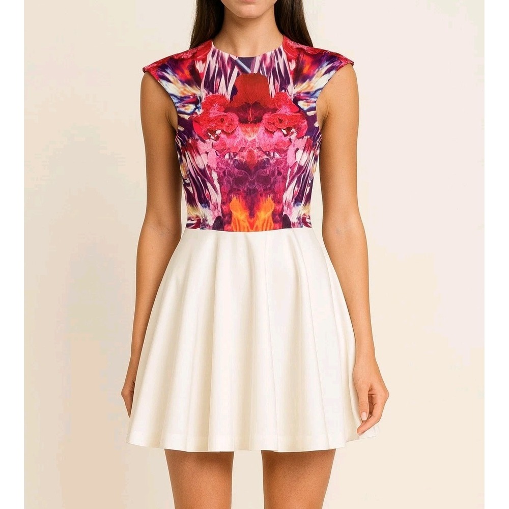 Rise Of Dawn XS Fit Flare Mini Peplum Dress‎ Abstract Print White Red Floral